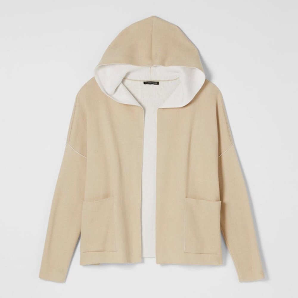 EILEEN‎ FISHER Peruvian Organic Cotton Blend Sand Hooded Cardigan Size XS nwot